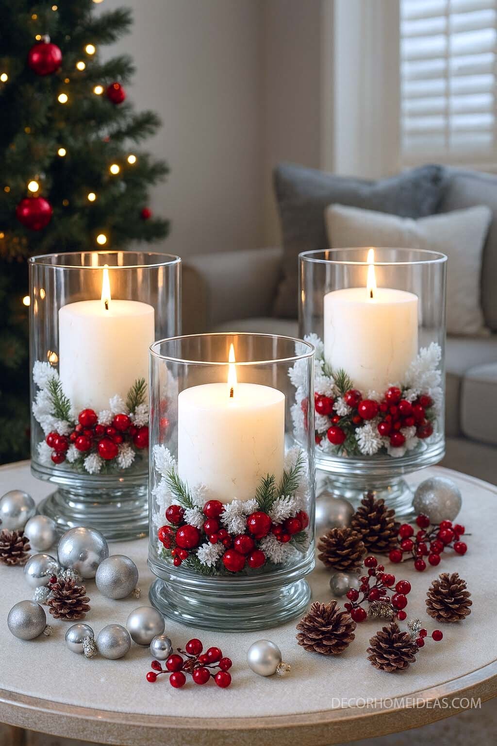 Glass Christmas Candle Holders with Berries, Pinecones & Silver Baubles