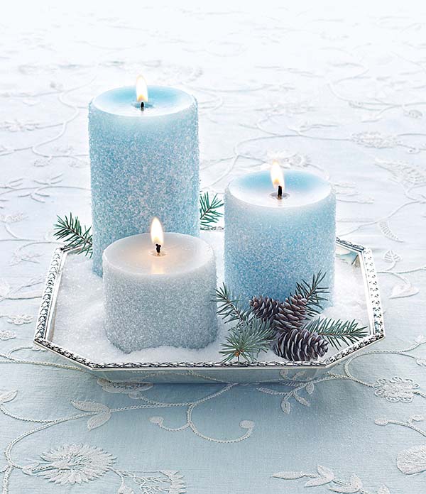 Glitter turquoise Christmas candles #Christmas #Christmasdecor #blue #silver #turquoise #decorhomeideas