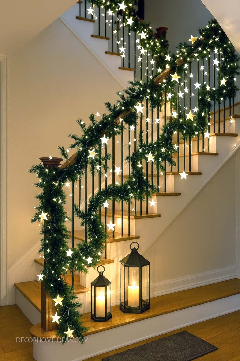 Magical Christmas Staircase Decor with Twinkling Star Lights