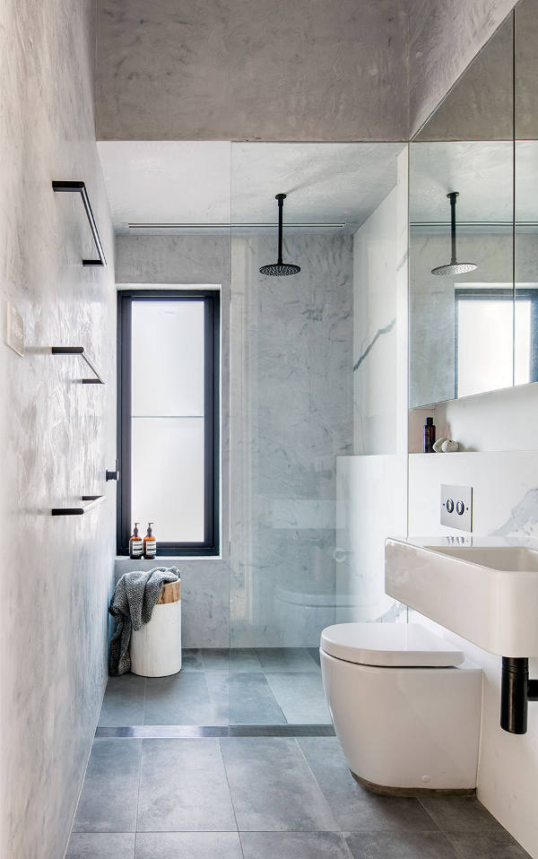 Modern Narrow Bathroom With Grey Tiles #bathroom #narrow #narrowbathroom #decorhomeideas