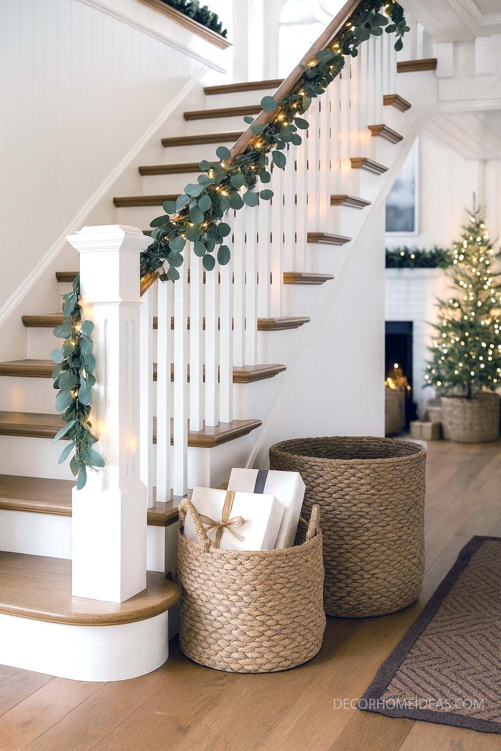 Neutral Christmas Staircase with Eucalyptus Garland
