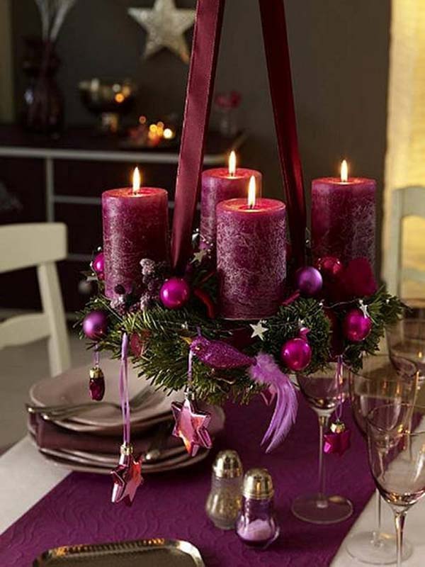 Purple Christmas Centerpiece With Candles #Christmasdecor #purple #Christmas #decorhomeideas