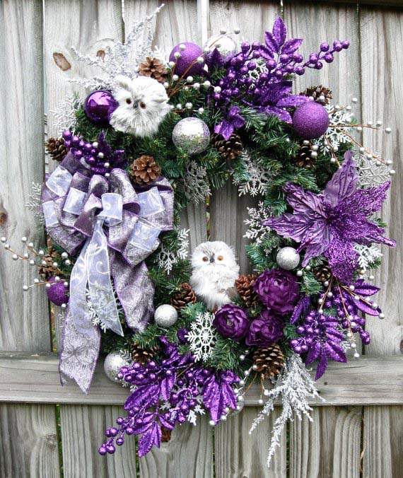 Purple and Silver Owl Christmas Wreath #Christmasdecor #purple #Christmas #decorhomeideas