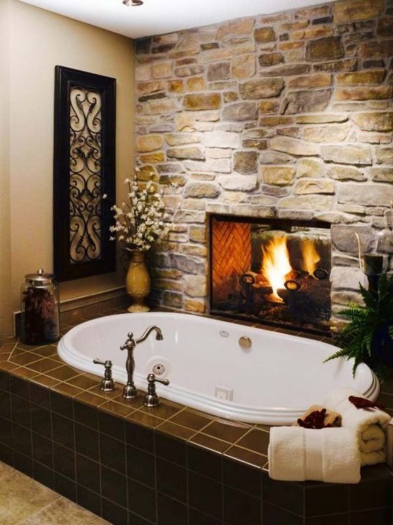 Rustic Bathroom Tub With Fireplace