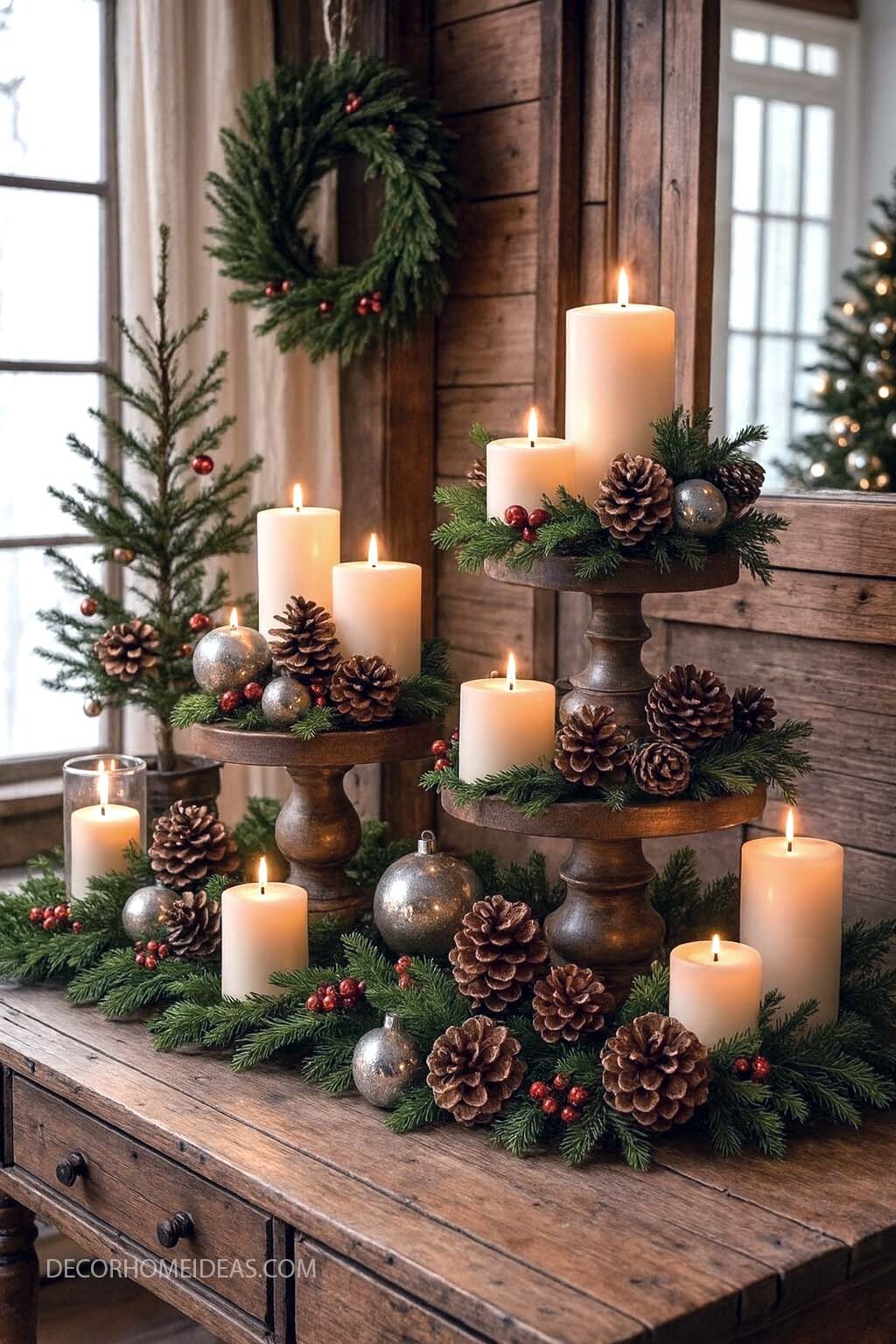 Rustic Christmas Candle Display with Pinecones & Silver Baubles