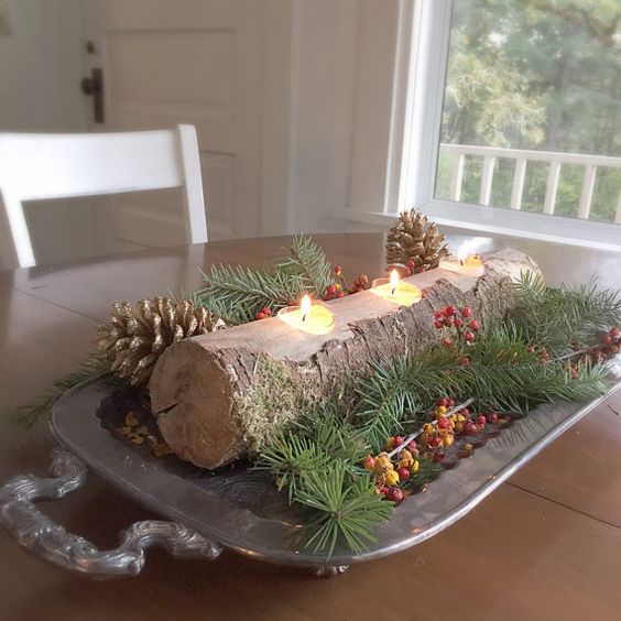 Rustic Log Candle Holder Christmas Centerpiece