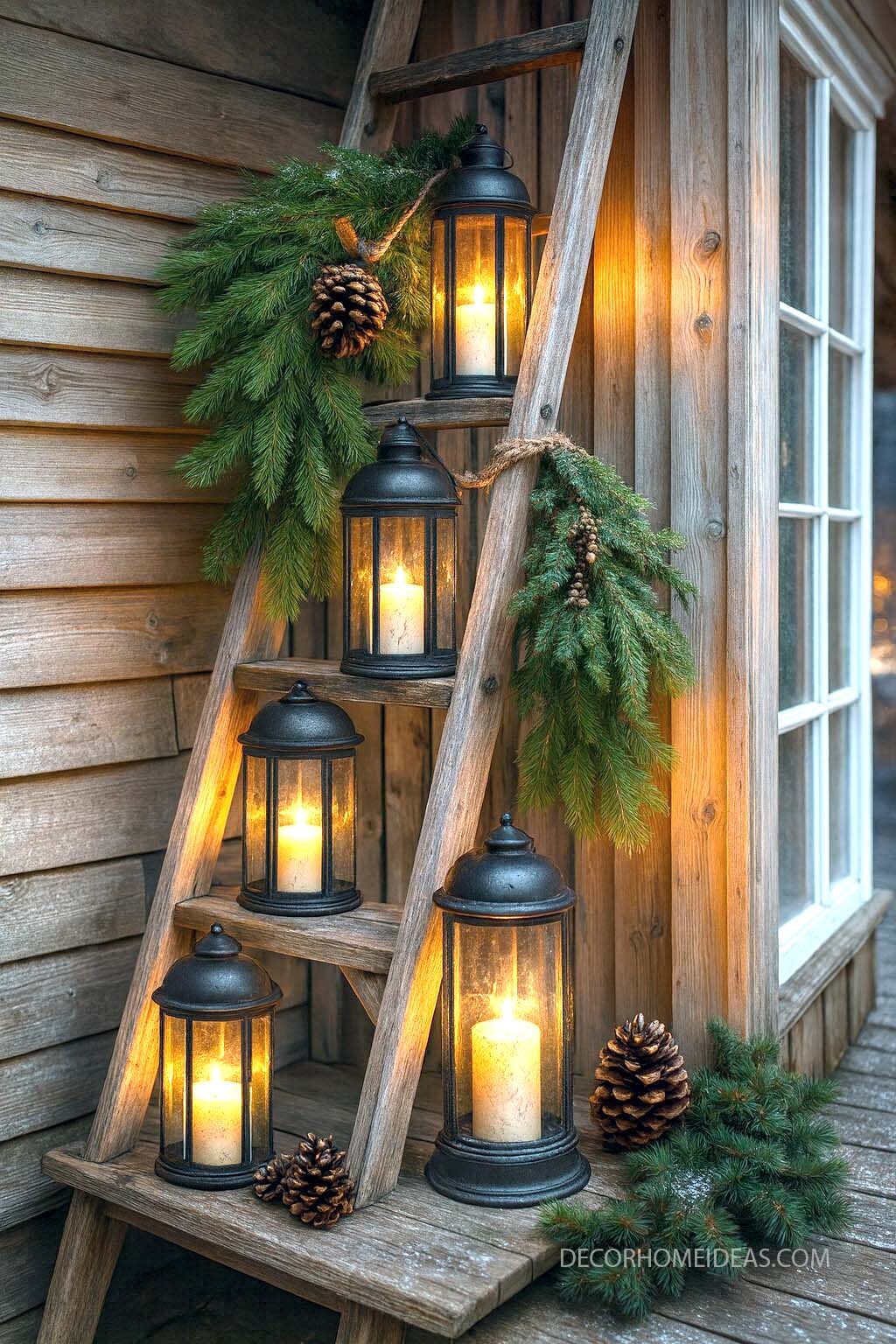 Rustic Porch Ladder Decor with Lanterns and Evergreen Touches