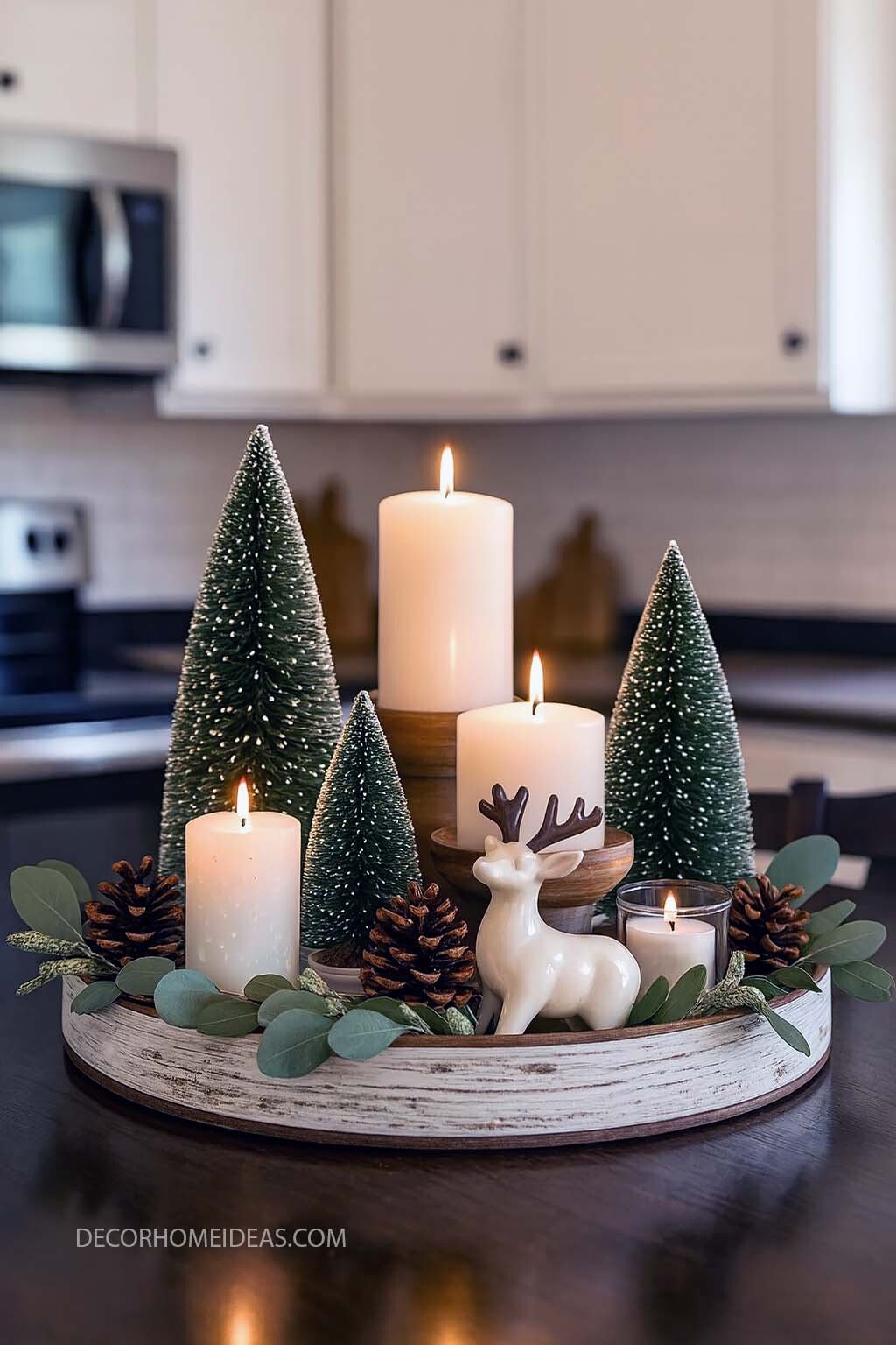 Simple Christmas Centerpiece with Candles and Mini Trees