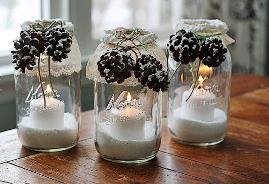 Snowy Pinecone Candle Jars #winterdecor #homdecor #winter #decorhomeideas