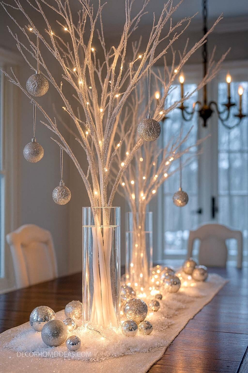 Winter Table Centerpiece with Lighted Branches and Silver Ornaments