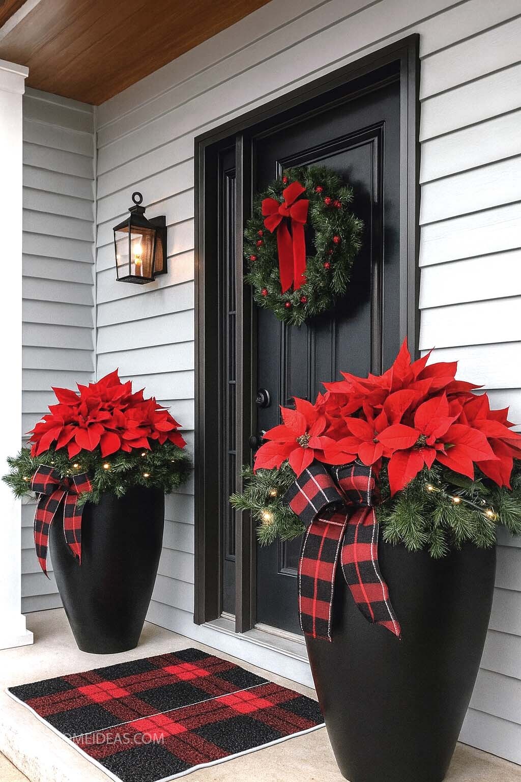 Charming Christmas Porch with Classic Black Door & Red Accents