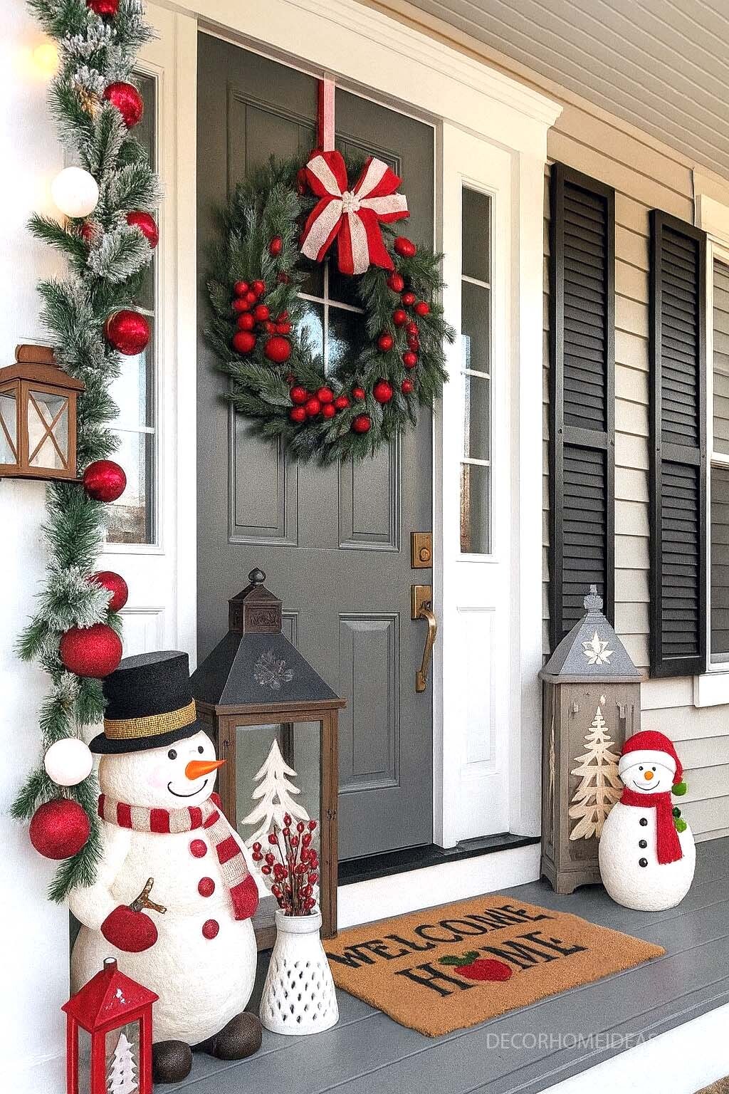 Cheerful Christmas Porch with Snowmen & Rustic Lanterns