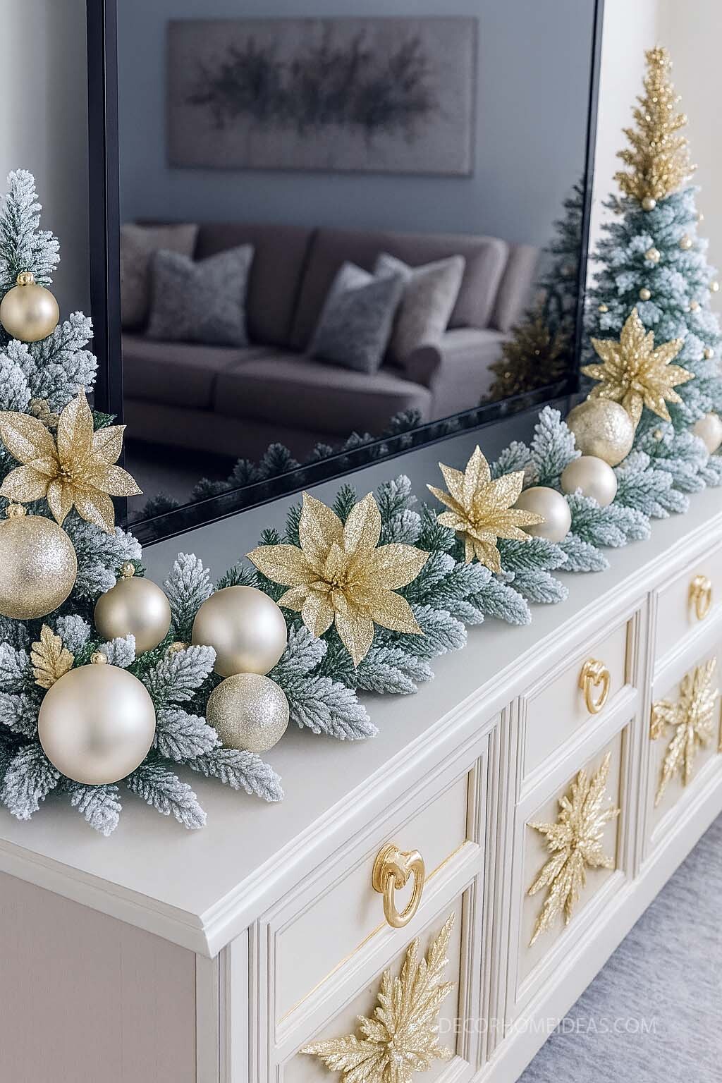 Chic Neutral Christmas Decor with Gold Accents and Frosted Greenery