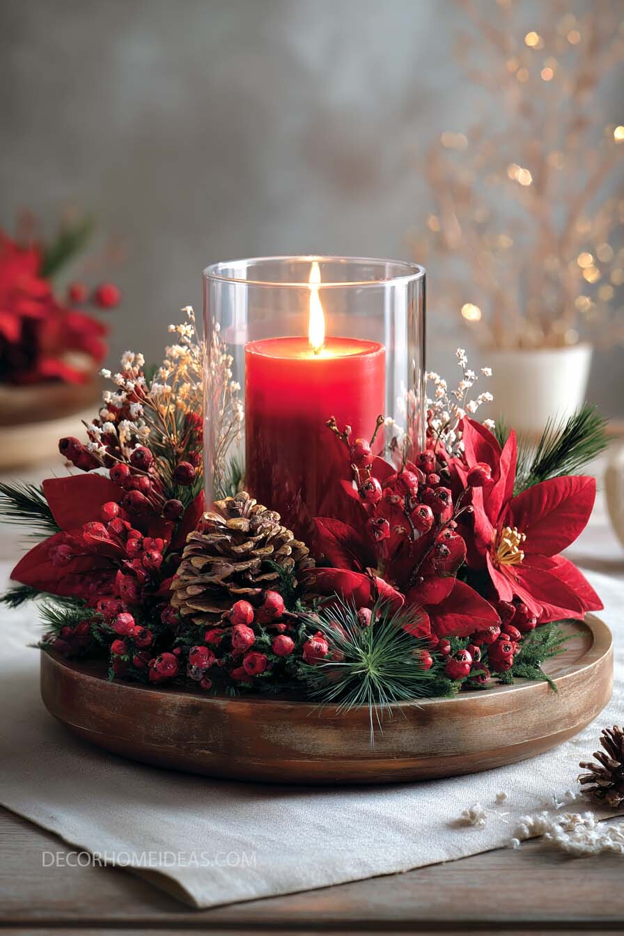 Christmas Candle Centerpiece on Rustic Wooden Tray