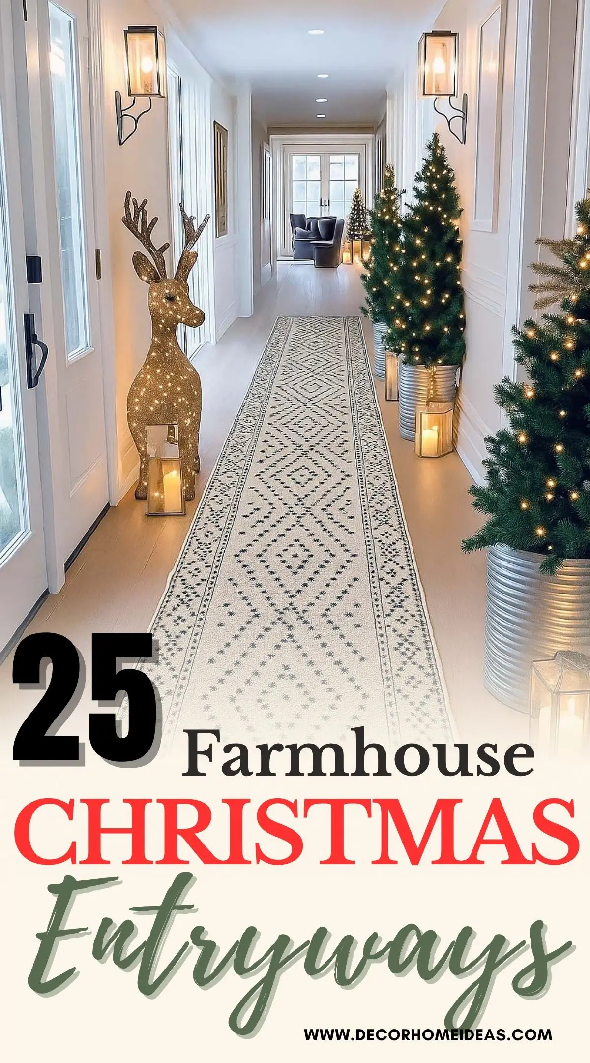 Create a magical first impression with twinkling lights, rustic trees, and classic farmhouse accents. These entryway Christmas decor ideas are simple, elegant, and heartwarming.