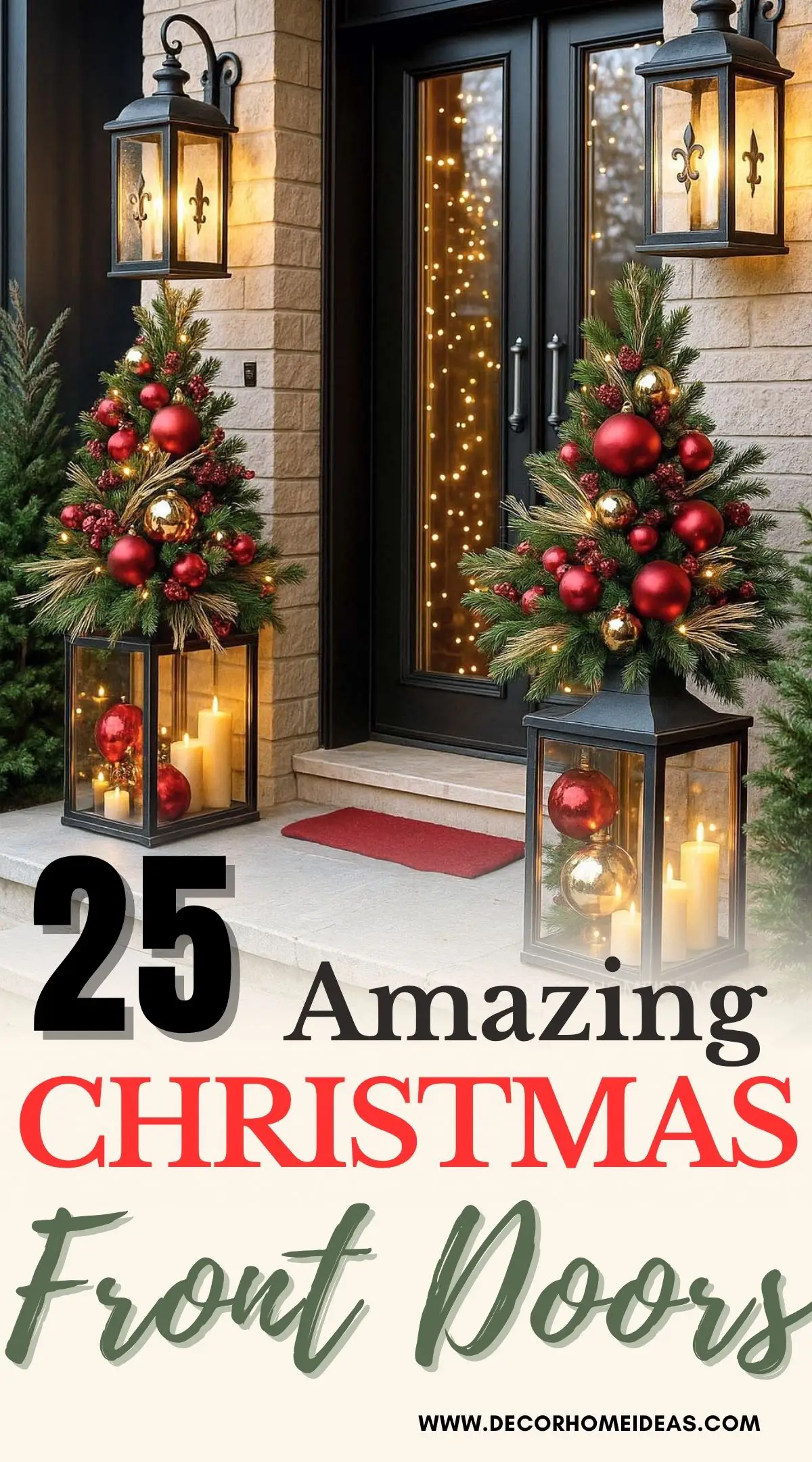 Create a warm, stylish welcome with these beautiful Christmas front door decorations. Lanterns, greenery, and ornaments combine to give your entryway a cozy glow that guests will love.
