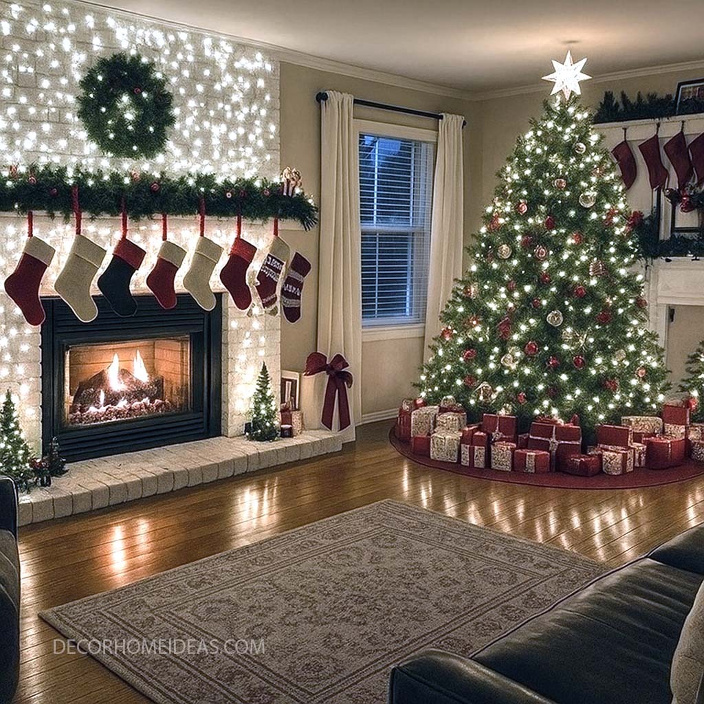 Christmas Living Room with Fireplace and Tree Lights