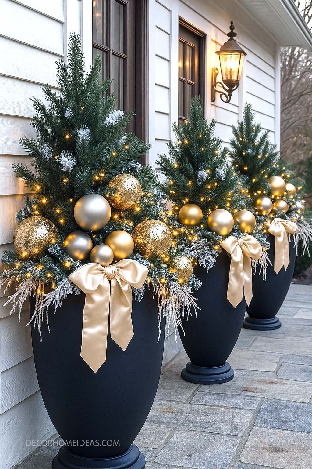 Christmas Porch Planters with Gold Accents