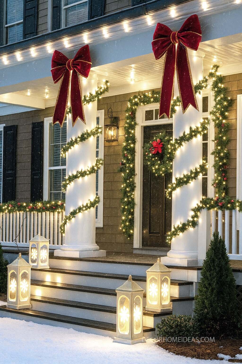 Christmas Porch with Red Bows and Glowing Lanterns