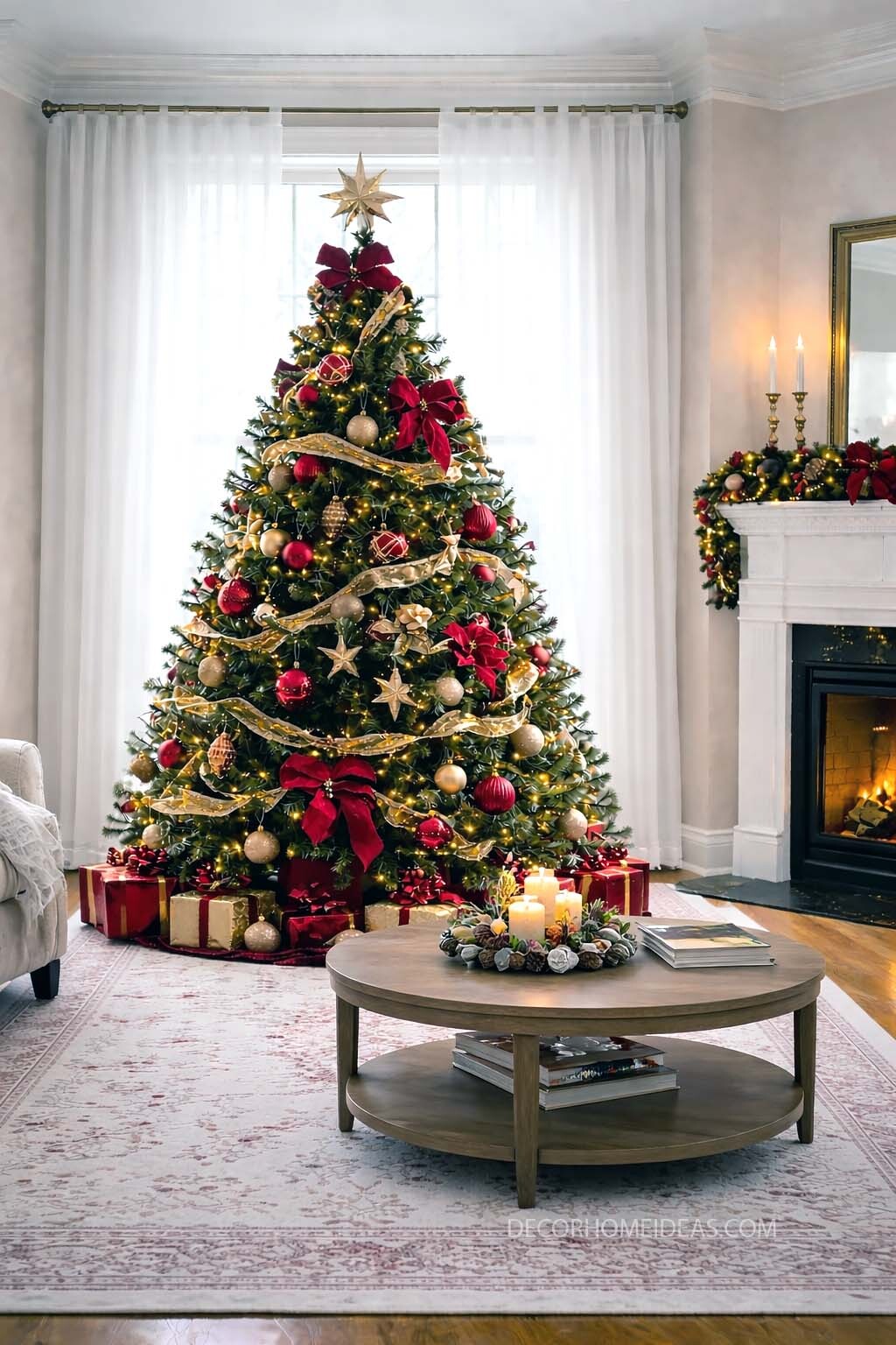 Classic Red and Gold Christmas Tree in a Cozy Living Room