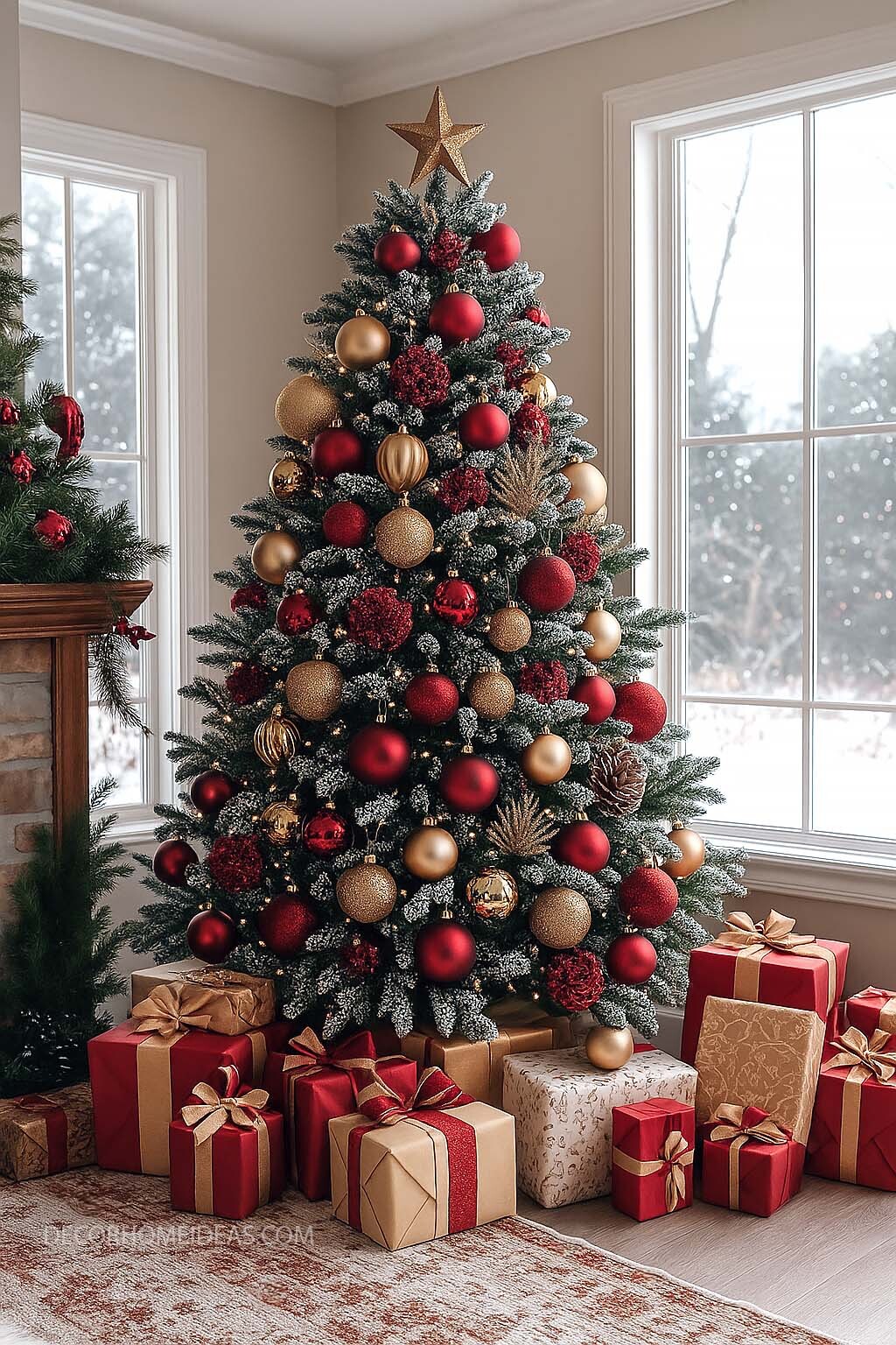 Classic Red and Gold Christmas Tree with Cozy Holiday Charm