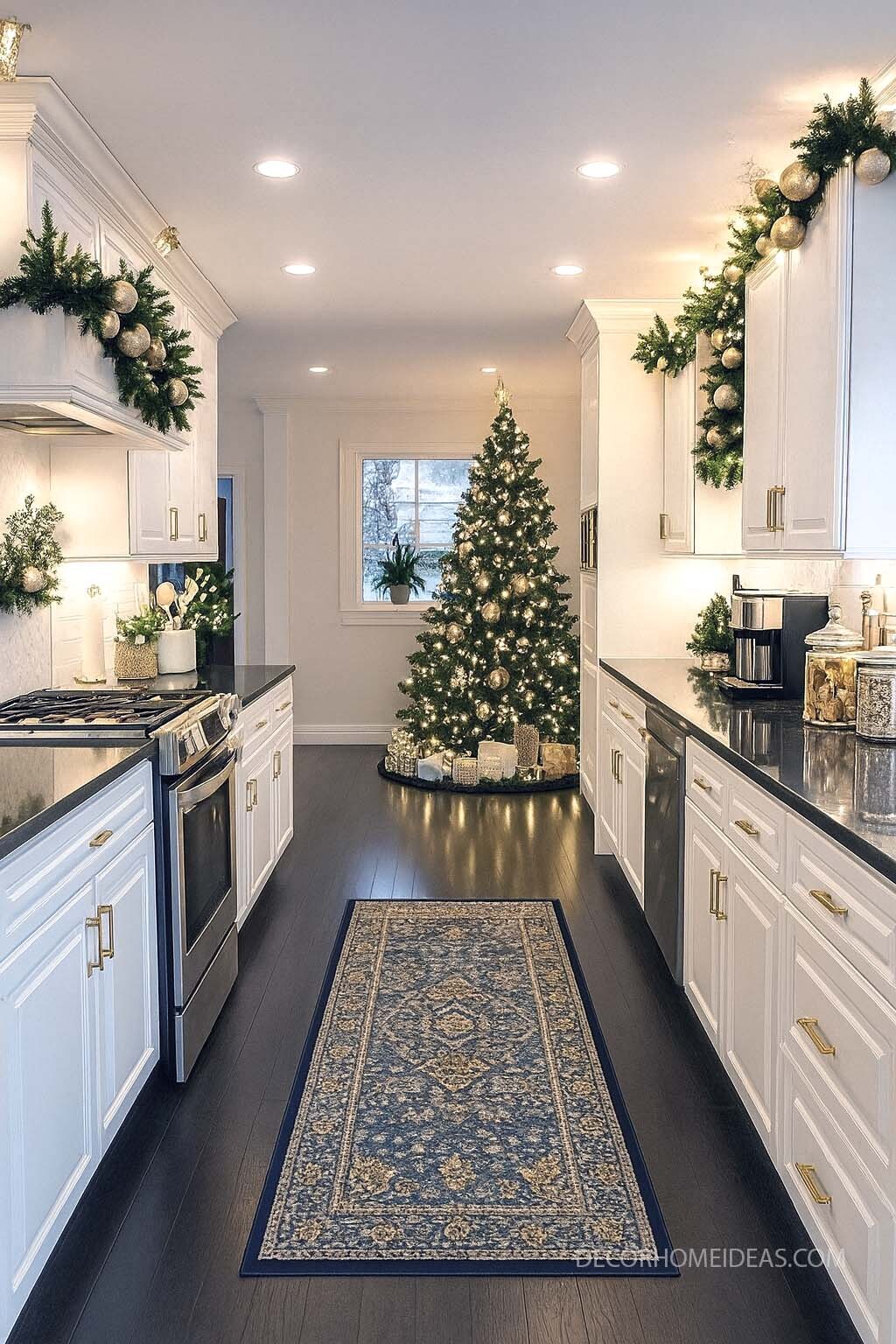 Classic White Kitchen with Elegant Christmas Decor