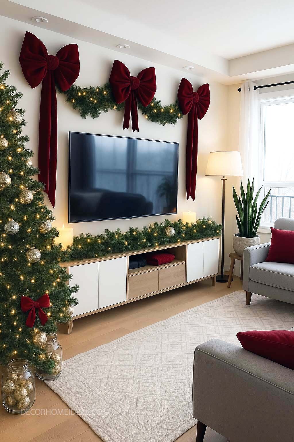 Cozy Christmas Living Room with Elegant Red Accents