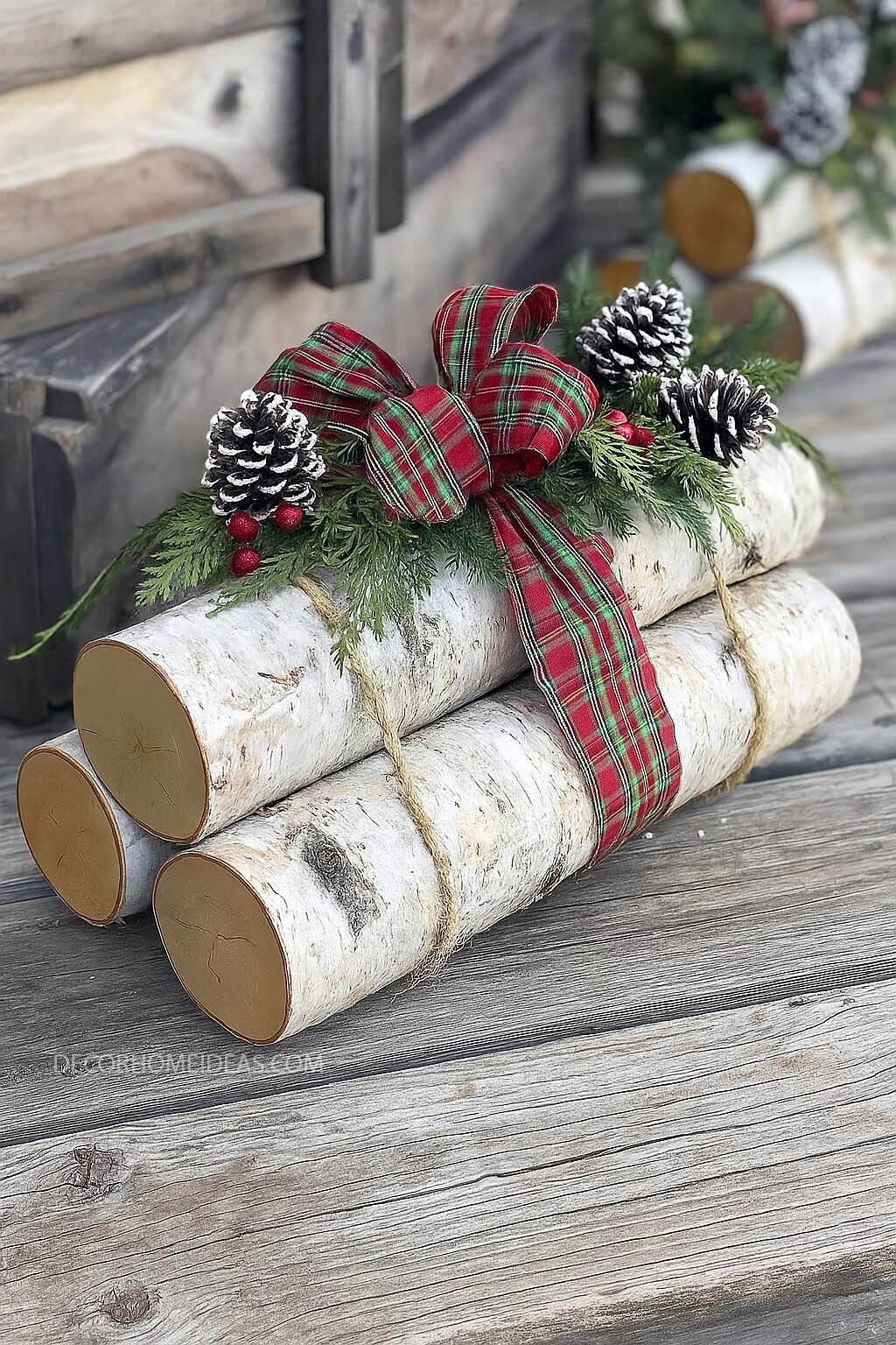DIY Rustic Christmas Log Decor with Pinecones & Plaid Bow