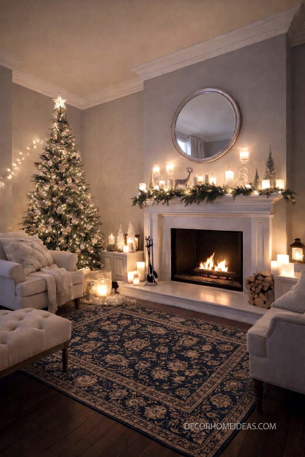 Elegant Christmas Living Room with Cozy Fireplace Glow