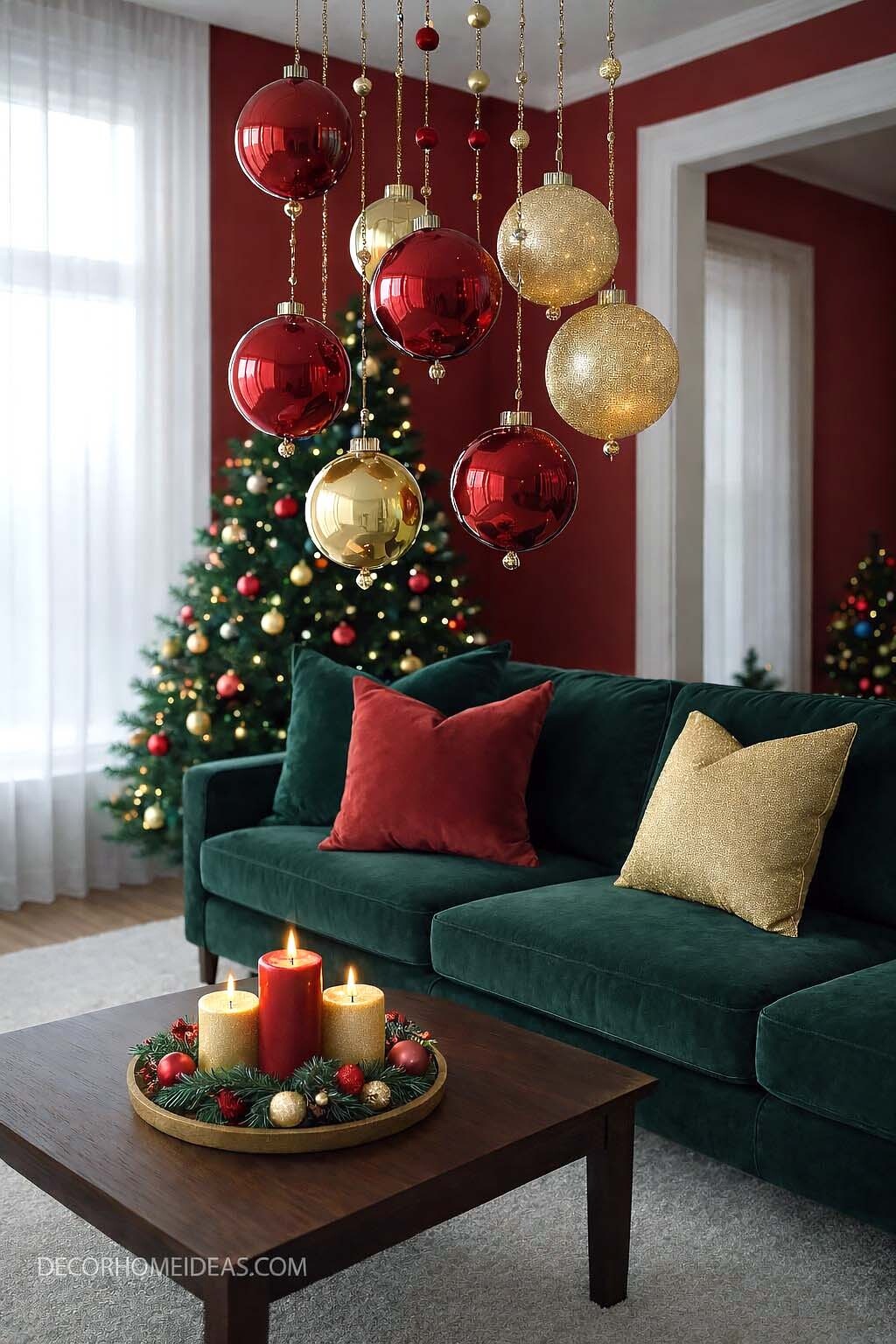 Elegant Christmas Living Room with Hanging Ornaments and Candlelight