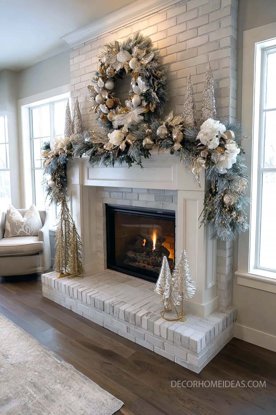Elegant Gold & White Christmas Mantel Decor with Cozy Fireplace