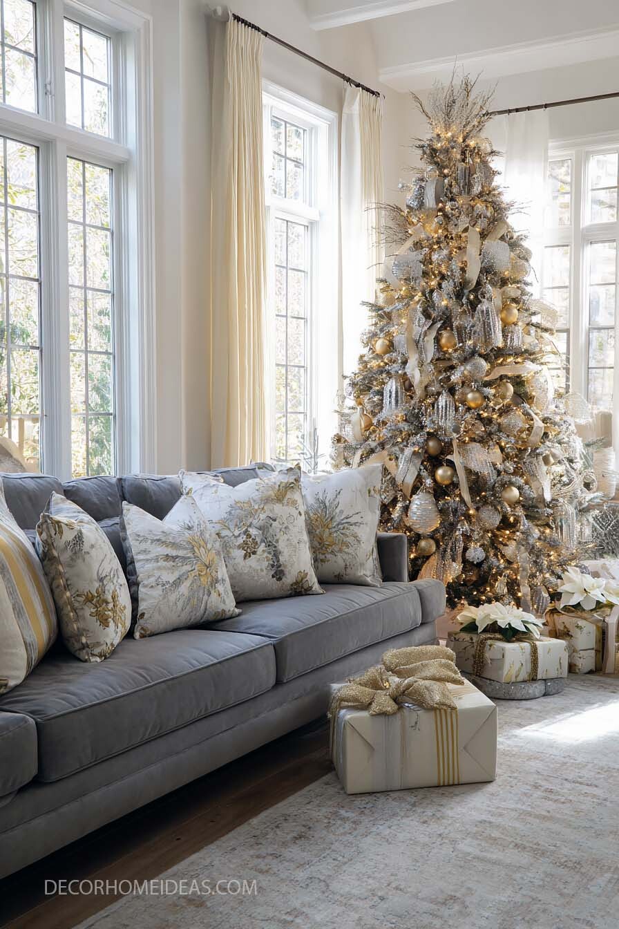 Elegant Gold and Silver Christmas Tree in Cozy Living Room
