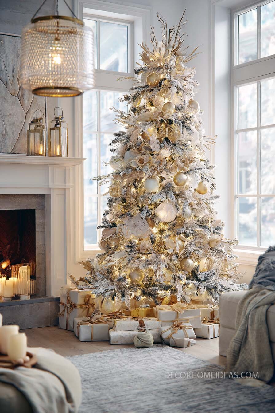 Elegant Gold and White Christmas Tree with Cozy Holiday Vibes