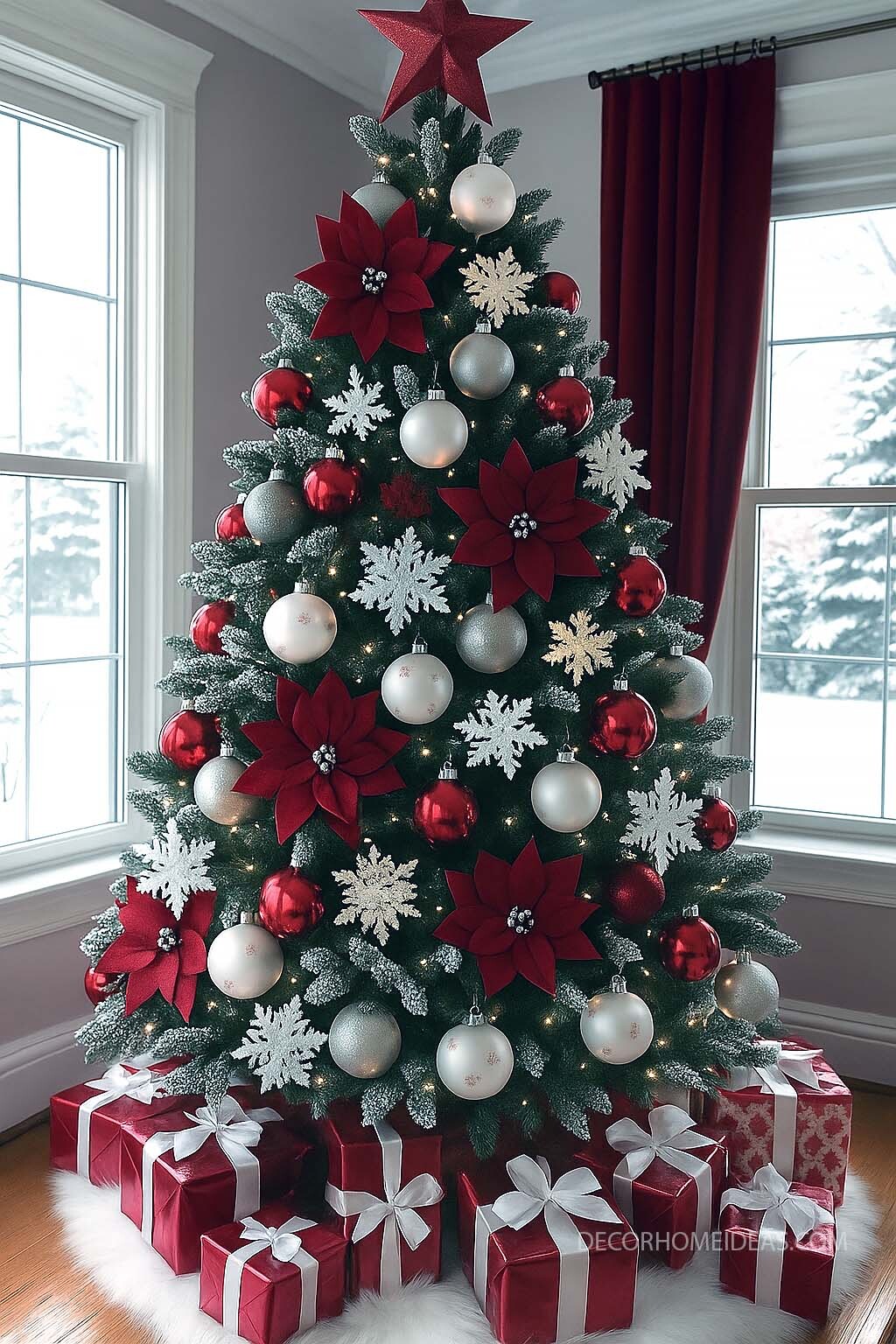 Elegant Red and White Christmas Tree with Classic Holiday Charm