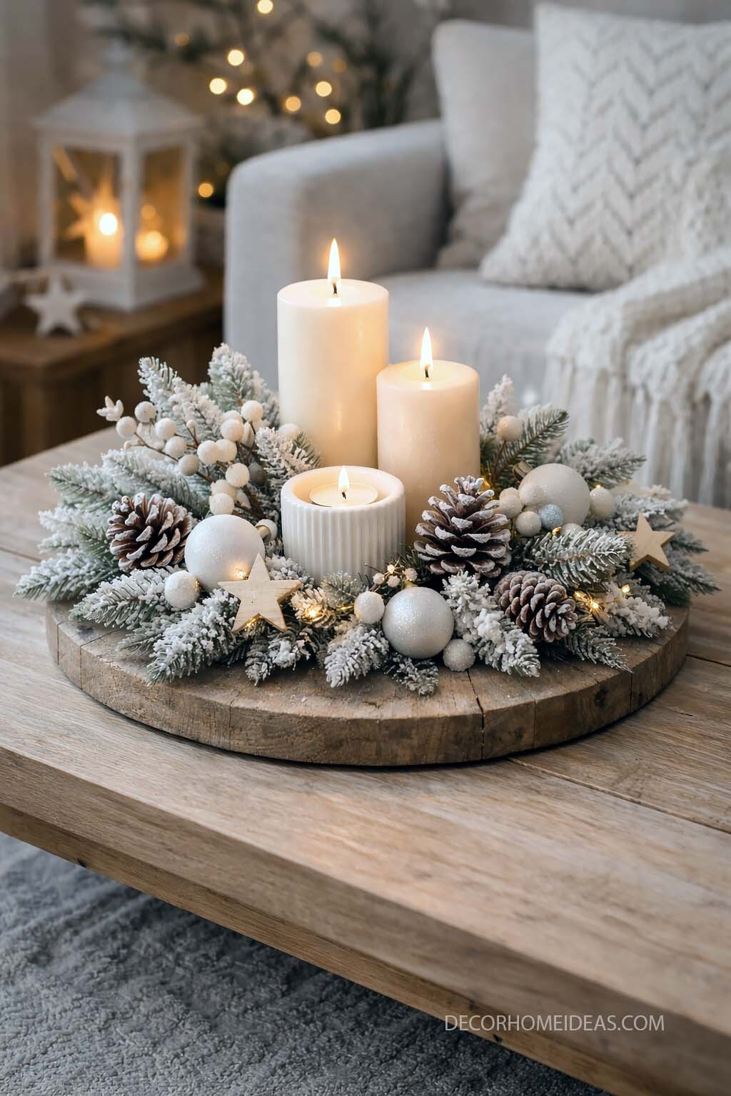 Frosted Christmas Candle Centerpiece with Pinecones and Cozy Glow