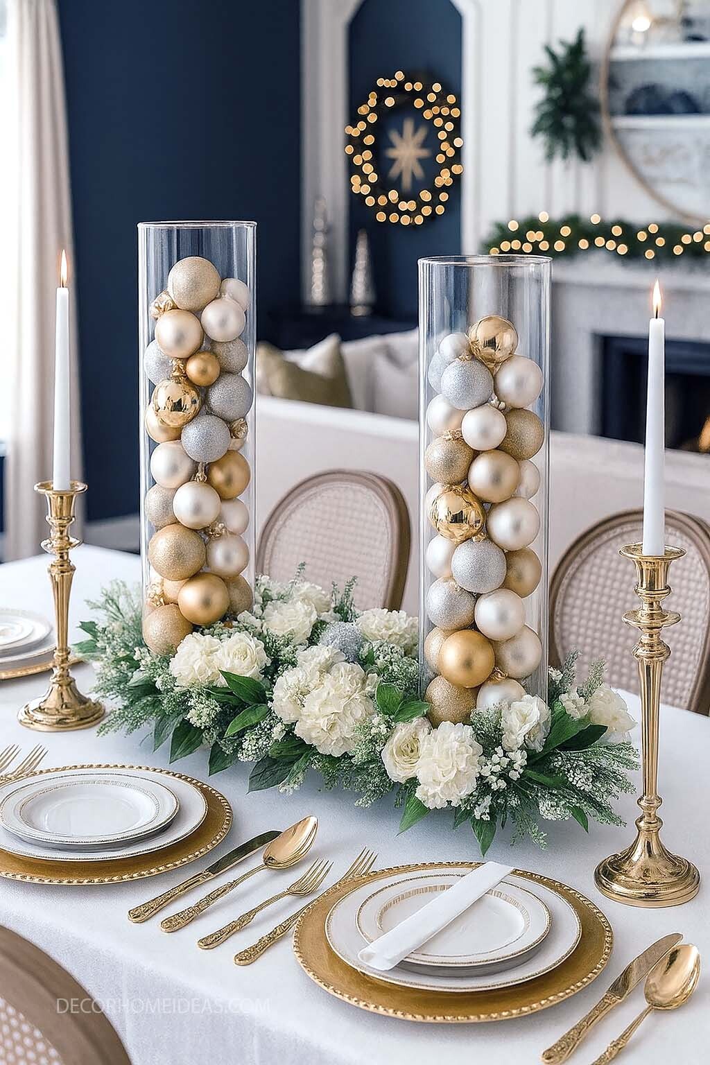 Gold and White Christmas Tablescape with Elegant Centerpieces