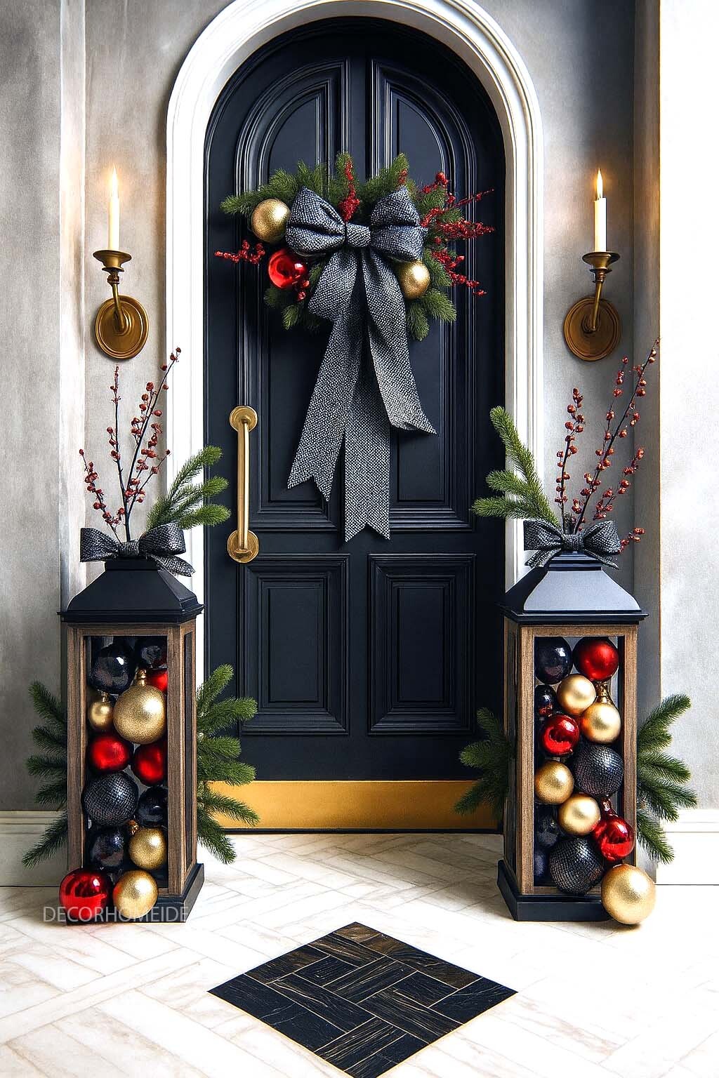 Luxury Christmas Entryway with Black Door and Elegant Gold Accents