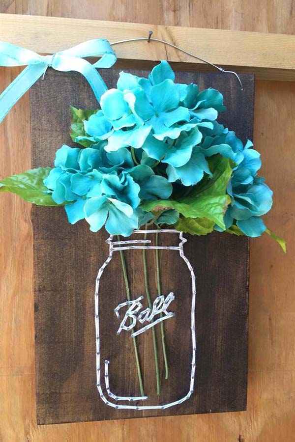Mason Jar String Art Turquoise Flowers #stringart #masonjar #decorhomeideas