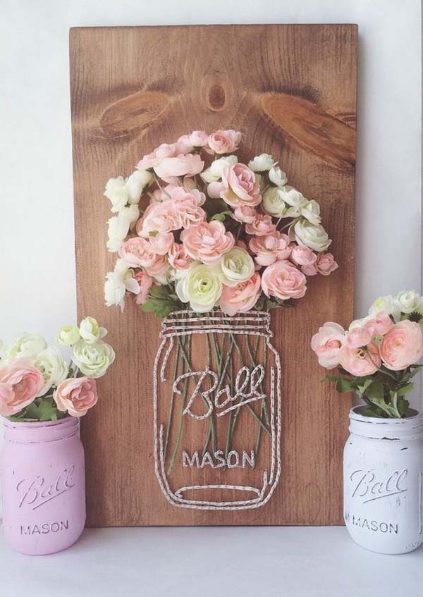 Mason Jar String Art With Flowers #stringart #masonjar #decorhomeideas