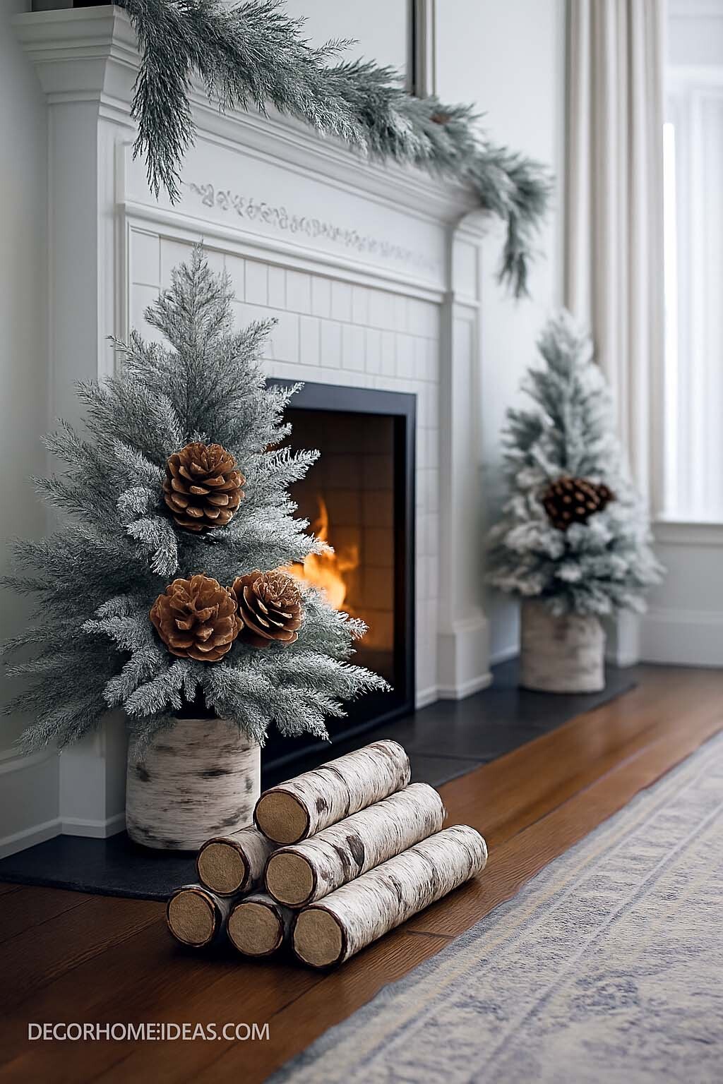 Neutral Winter Fireplace Layout with Birch Logs & Frosted Greenery