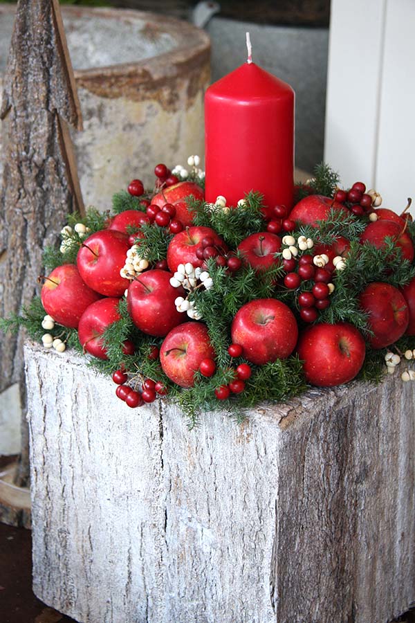 Red Candle With Apples Christmas Centerpiece #Christmasdecor #Christmas #red #reddecor #decorhomeideas