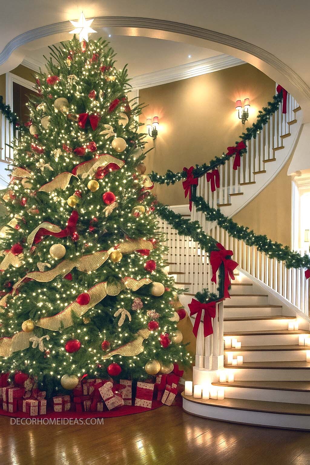 Red & Gold Christmas Tree with Elegant Ribbon Accents