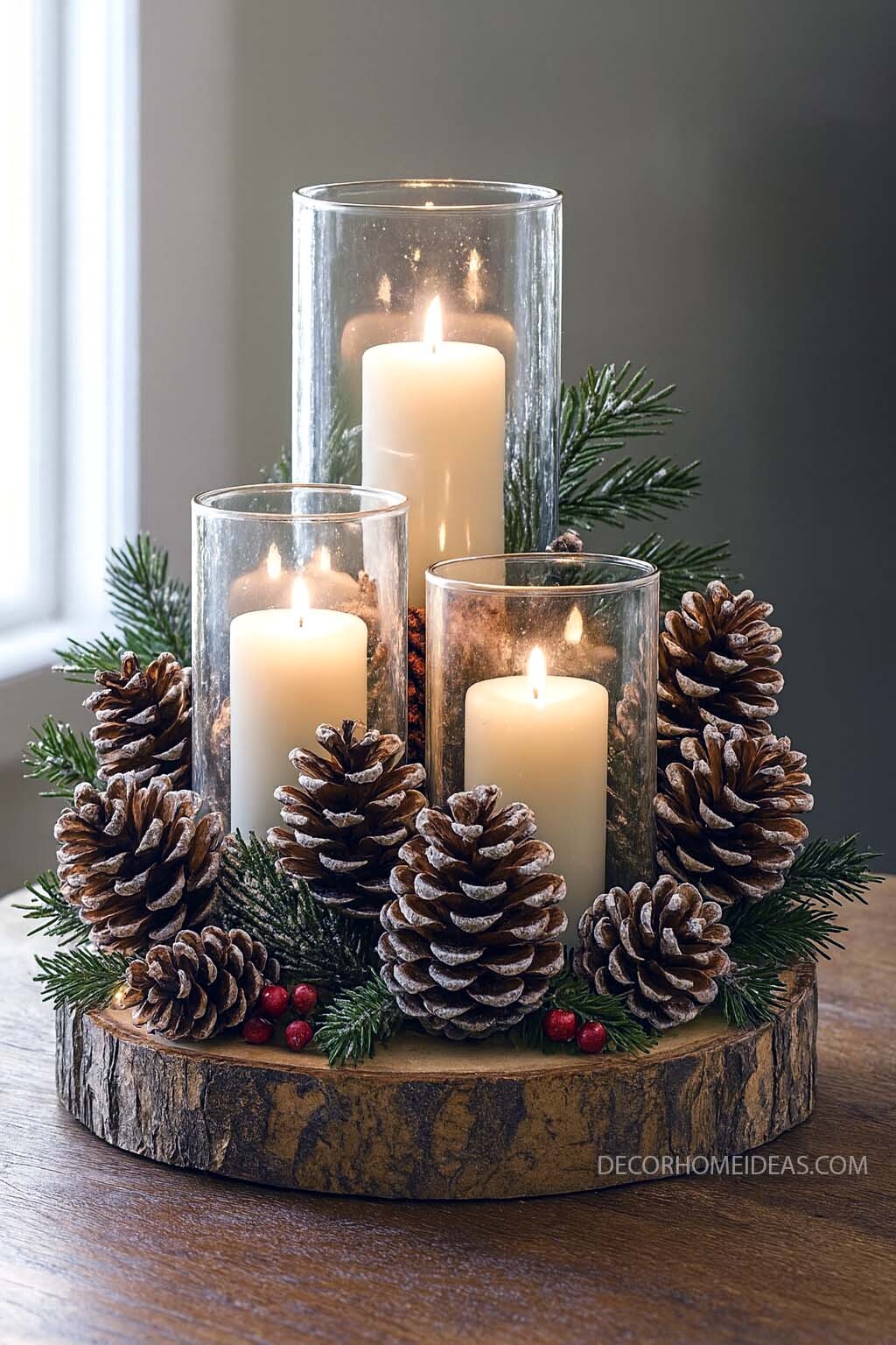 Rustic Christmas Candle Centerpiece with Pinecones & Evergreen Touches