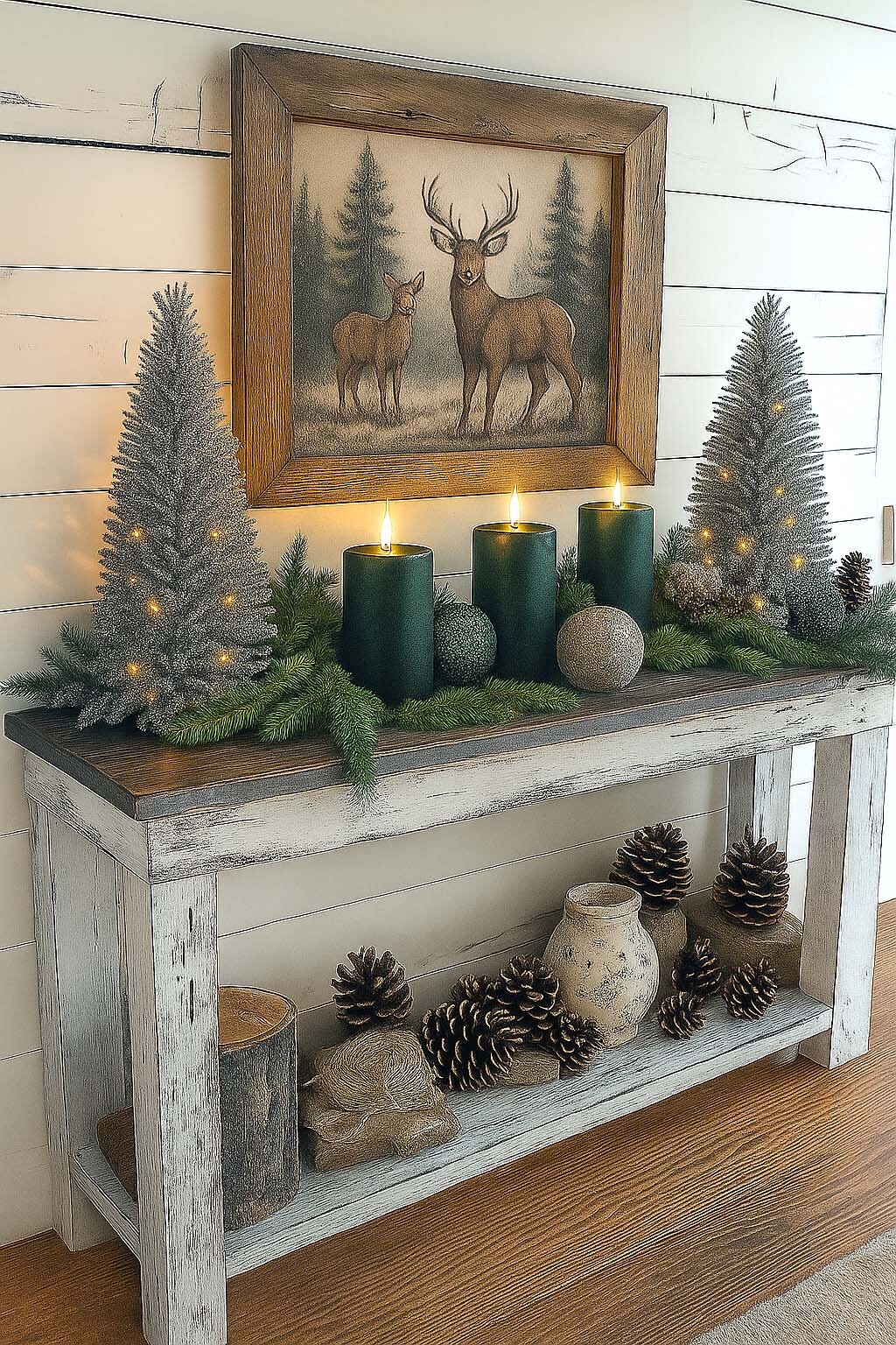 Rustic Christmas Console Table with Forest Candle Decor
