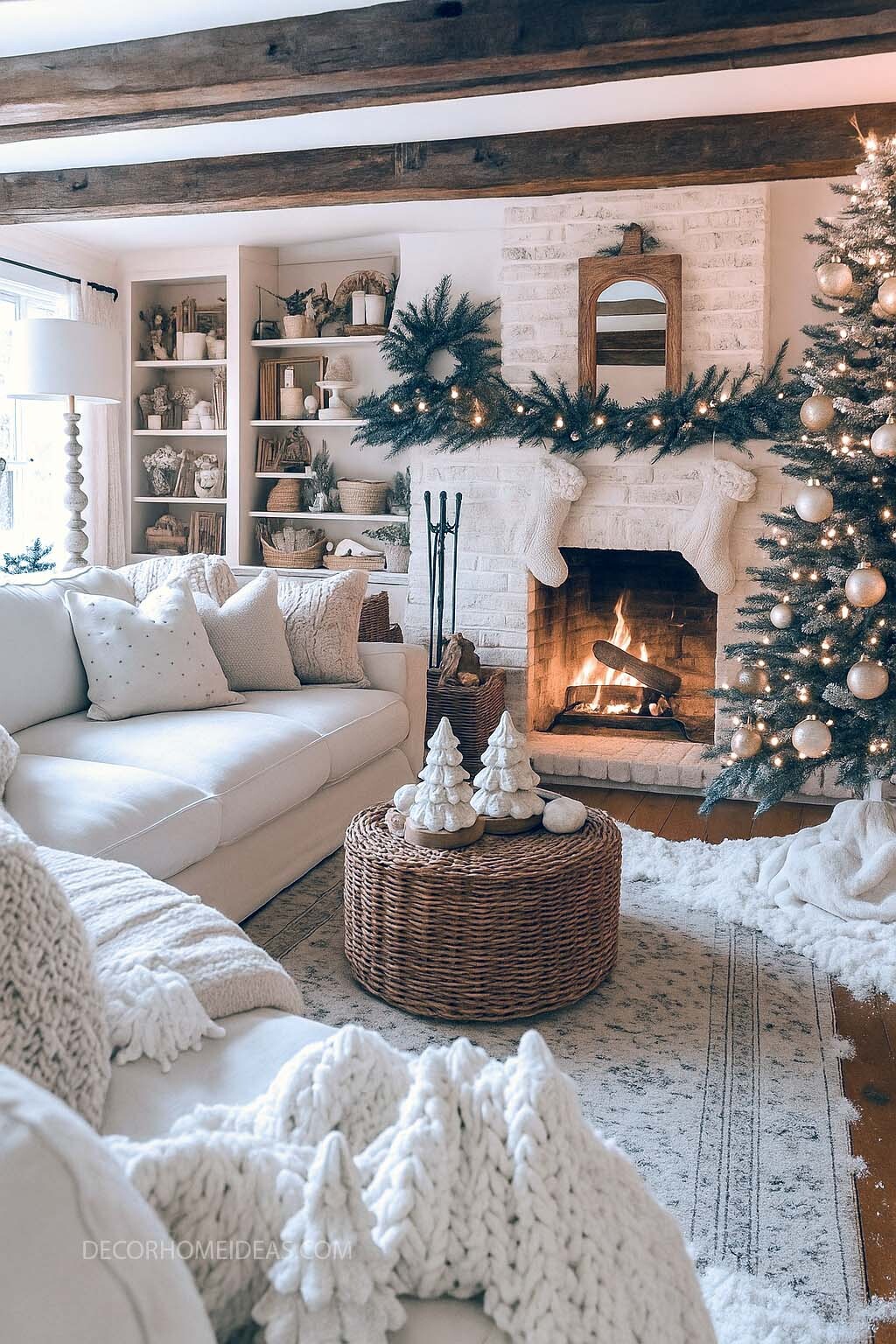 Rustic Christmas Living Room with Soft Neutrals and Fireplace Glow