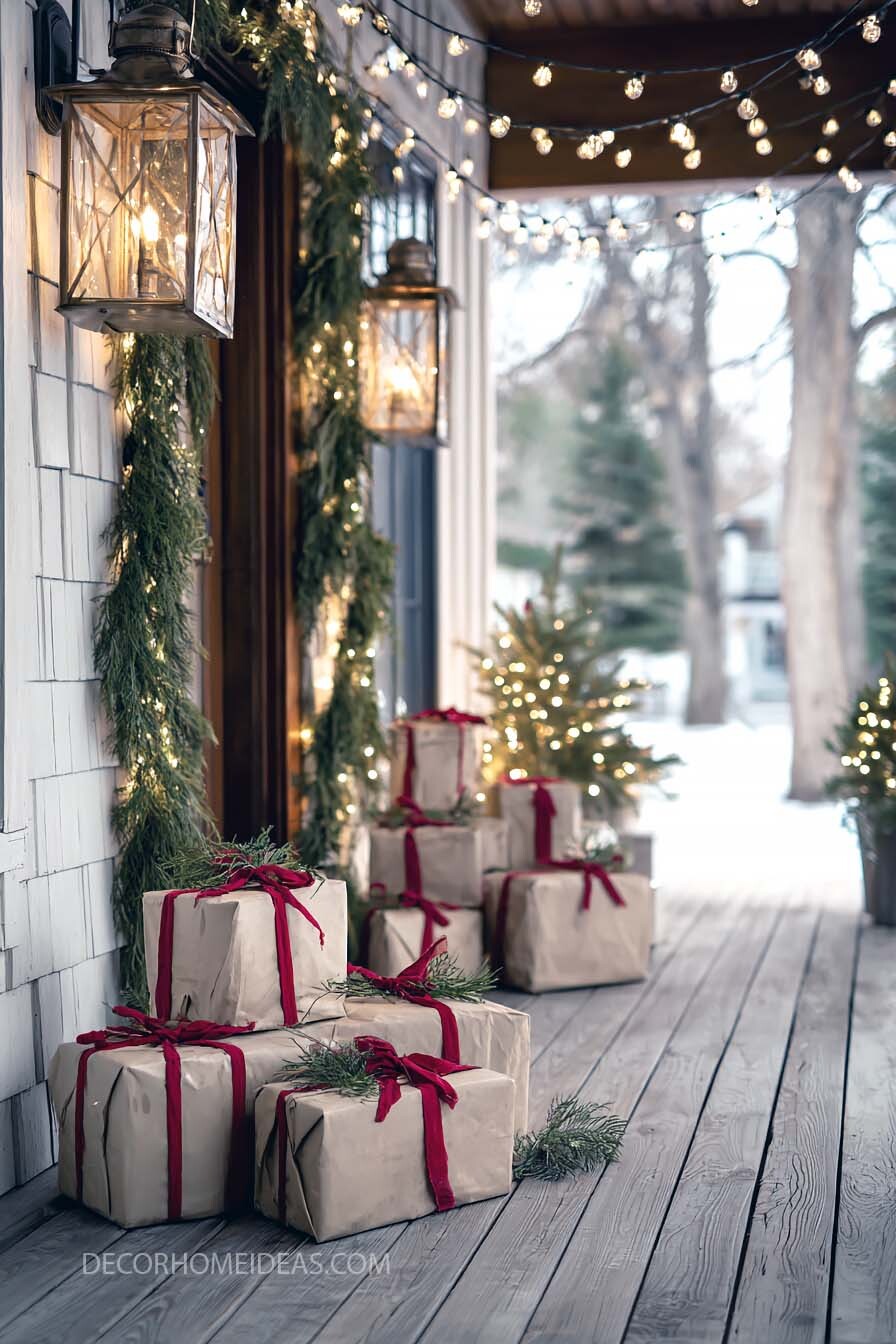 Rustic Christmas Porch with Kraft Paper Gift Decor