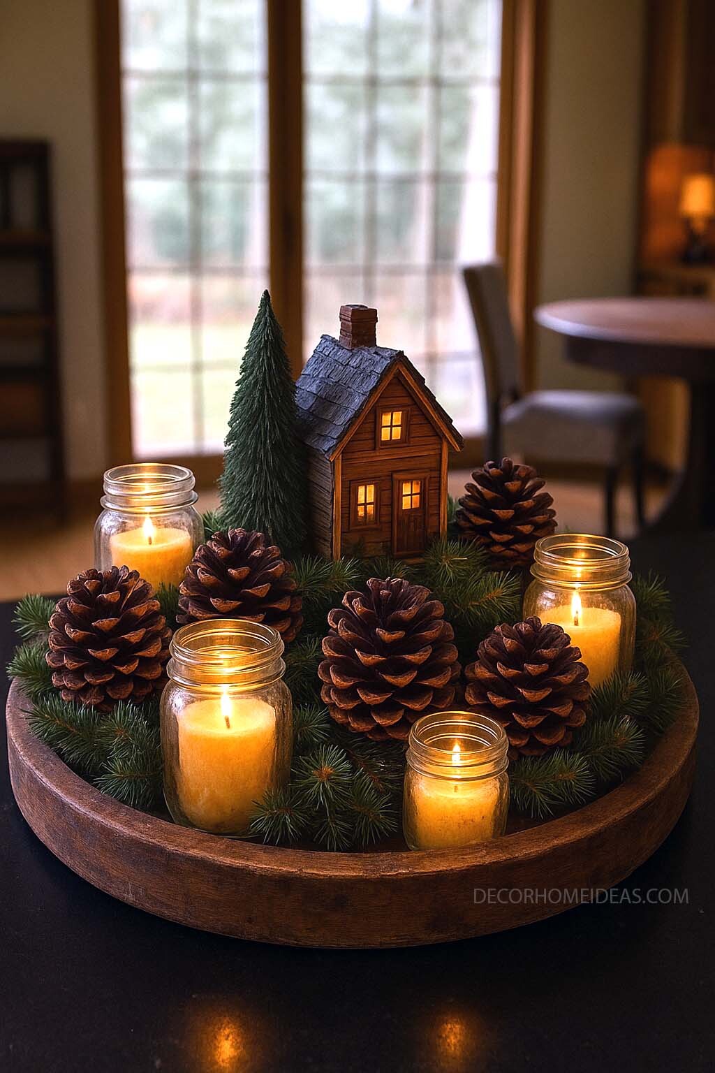 Rustic Winter Candle Centerpiece with Pinecones & Mini Cabin Charm