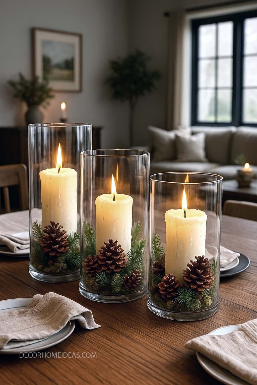Rustic Winter Candle Decor with Natural Pine Touches