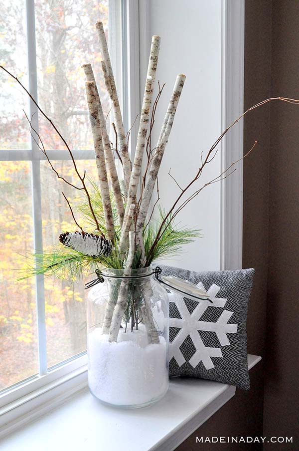 Snow in a Jar Birch Arrangement #rustic #winterdecor #homedecor #decorhomeideas