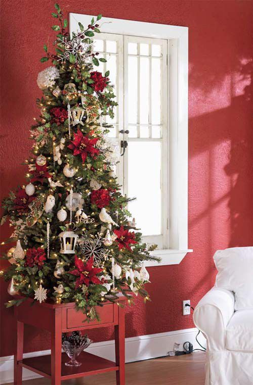 Tabletop Christmas Tree Red Poinsettias #Christmas #tabletop #Christmastree #Christmasdecor #decorhomeideas